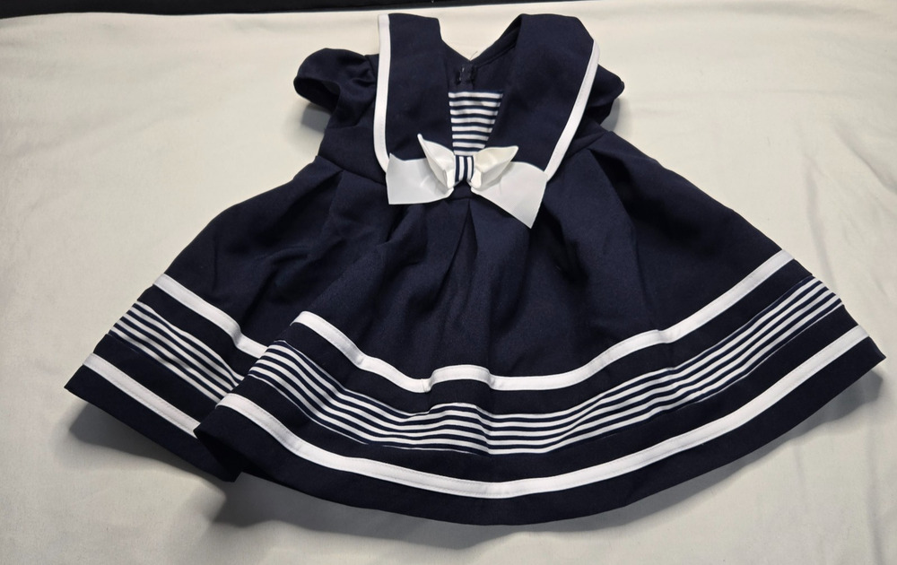 Bonnie baby girl Navy White sailor Nautical dress bow striped 3- 6 months